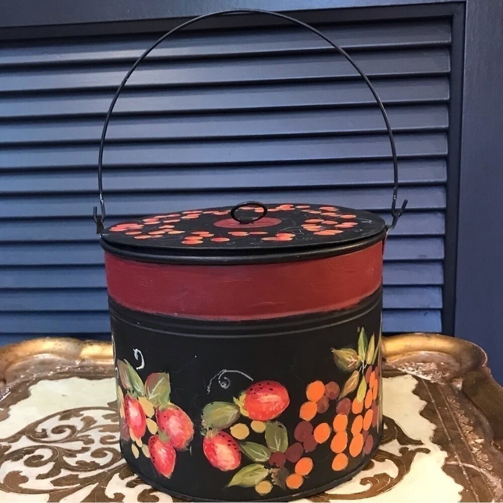 Cottagecore Hand painted Toleware Tin Bucket w/ Lid, Features a Fruit Motif